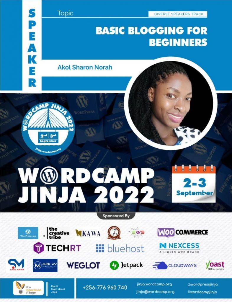 A WordCamp Jinja poster showing Akol sharon who is a speaker