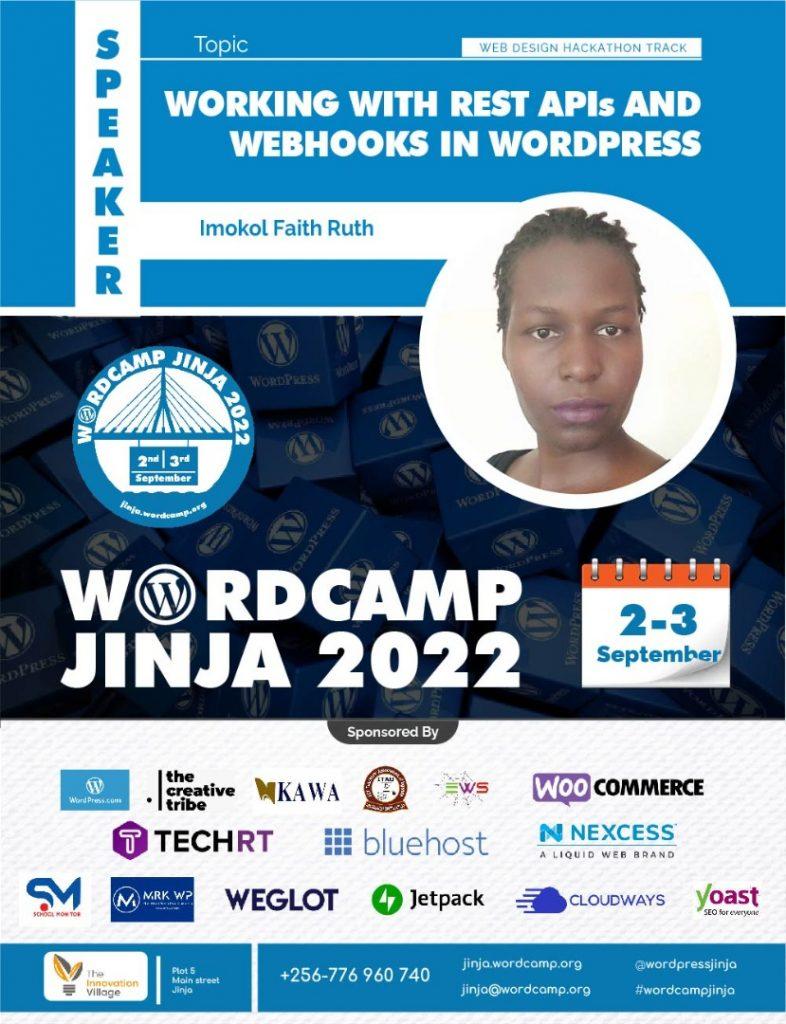 A WordCamp Jinja poster showing Imokol Faith Ruth who is a speaker