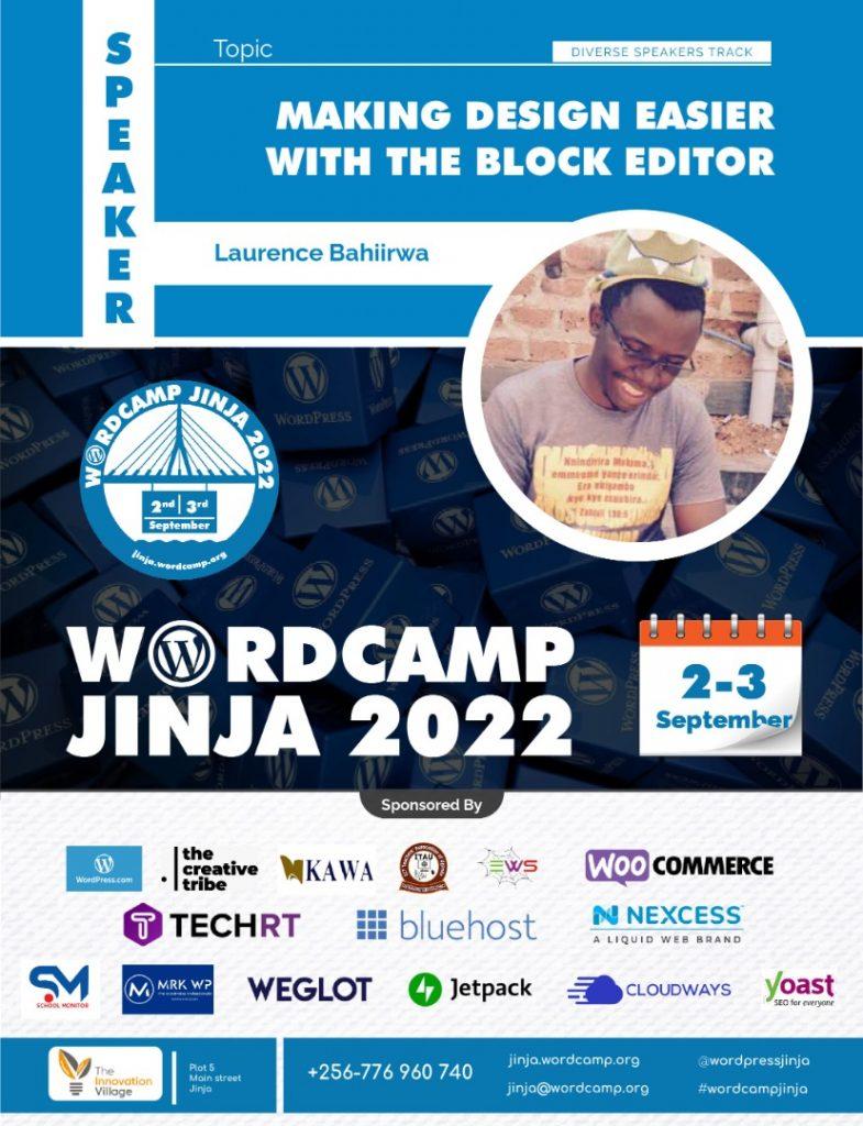 A WordCamp Jinja poster showing Bahirwa Laurence who is a speaker