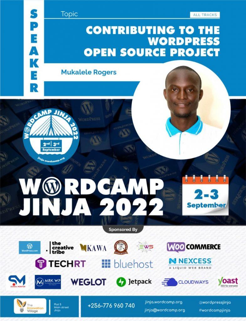 A WordCamp Jinja poster showing Mukalele Rogers who is a speaker