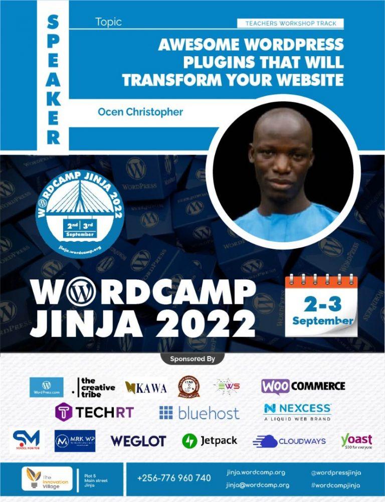 A WordCamp Jinja poster showing Ocen Christopher who is a speaker