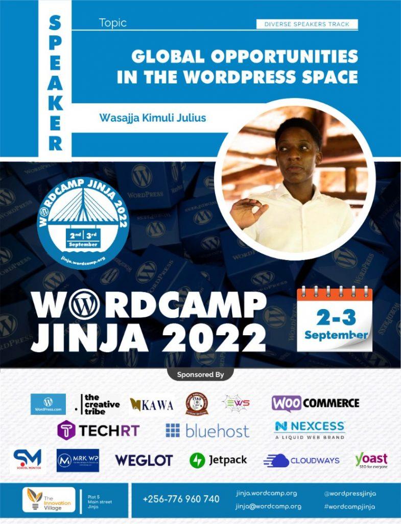 A WordCamp Jinja poster showing Wasajja Julius who is a speaker